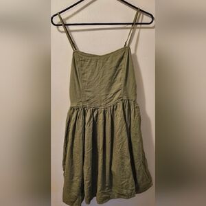 AERIE Babydoll Dress Linen Blend Adjustable Straps W/ Pockets Green Womens Sz S